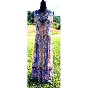 Women’s Bohemian Maxi Dress Paisley Print Beaded Neckline Hippie Chic Glam Boho